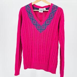 Vintage 80s Leon Levin Fuchsia Ramie Cotton Cable Knit V-Neck Sweater